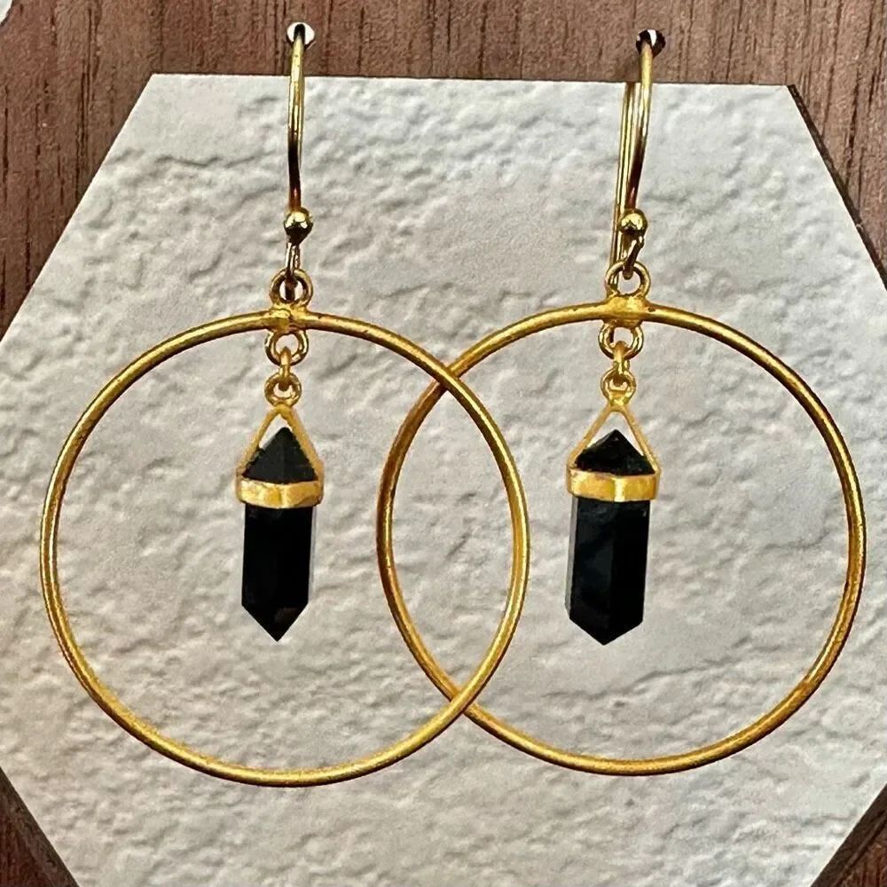 Black Onyx gold tone circle Charm Earrings